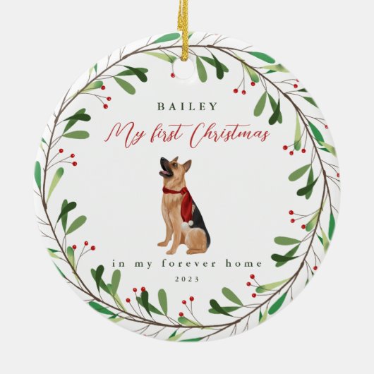 犬の私の初めてのクリスマスの名前ドイツの羊飼い セラミックオーナメント (裏面)