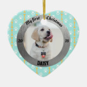 犬の私の初めてのクリスマス子犬の写真名ハート セラミックオーナメント (正面)