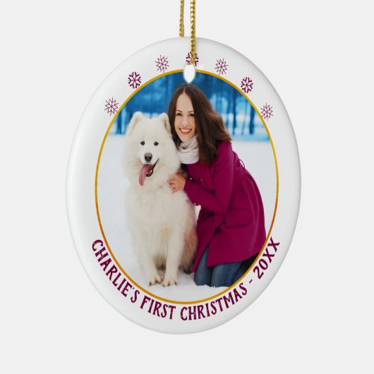 犬の第1クリスマス-写真の名前と年-ホワイト金ゴールド セラミックオーナメント (右)