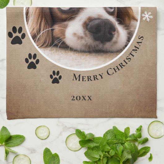 犬の素朴ペット写真メリークリスマス キッチンタオル (折り畳み)