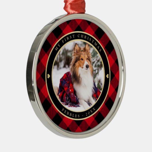 犬の素朴初めてのクリスマス赤いバッファローのプレイド名 メタルオーナメント (右)