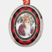 犬の素朴初めてのクリスマス赤いバッファローのプレイド名 メタルオーナメント (左)