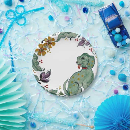 犬の素朴子犬のティール（緑がかった色）カラフルファームハウスキュート ペーパープレート (パーティー)