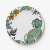 犬の素朴子犬のティール（緑がかった色）カラフルファームハウスキュート ペーパープレート (正面)