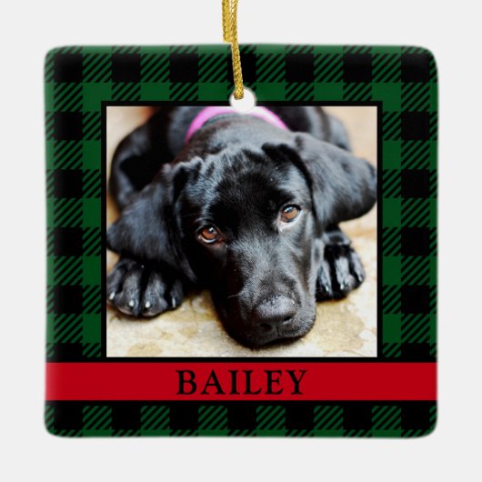 犬の緑のバッファローチェック写真 セラミックオーナメント (正面)
