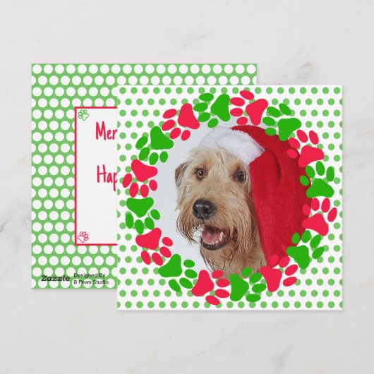 犬の肉球プリントの赤と緑のリースの写真 シーズンカード (正面/裏面)