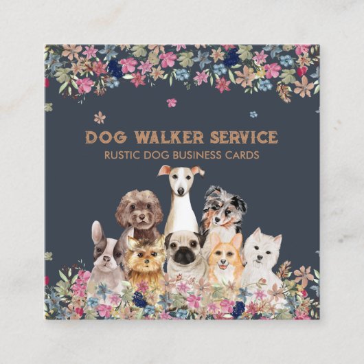 犬の花 フラワー ペットサービス 牧歌的 スクエア名刺 (正面)