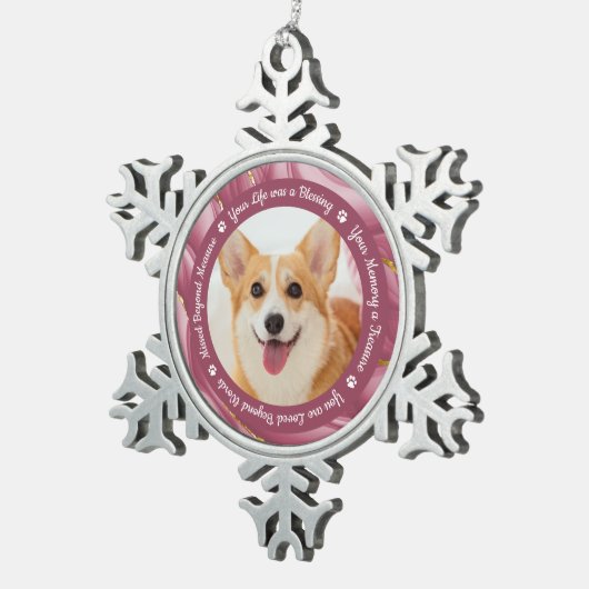 犬の記念バラ金ゴールドパーソナライズされたペット写真 スノーフレークピューターオーナメント (右)