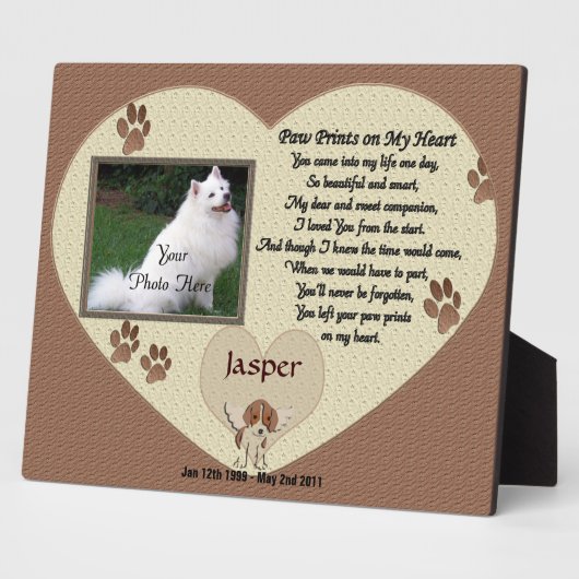 犬の記念 – 前足の跡が私のハートに – ベージュ フォトプラーク (側面)