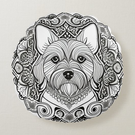 犬の詳細ラインアート ラウンドクッション (正面)