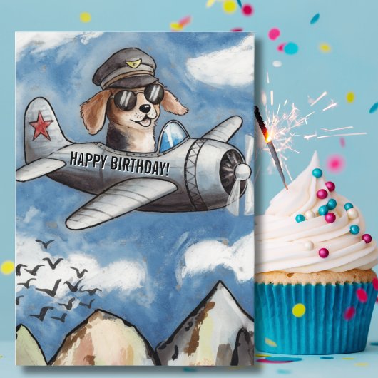 犬の誕生日おめでとう飛行機雲山面白いデザイン カード