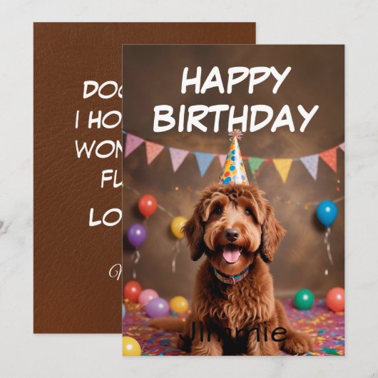 犬の誕生日おめでとう 誕生日帽子をかぶった犬 カード (正面/裏面)