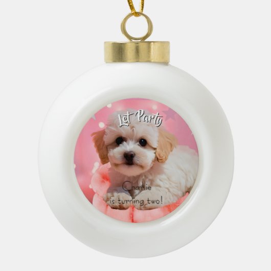 犬の誕生日パーティしよう セラミックボールオーナメント (正面)