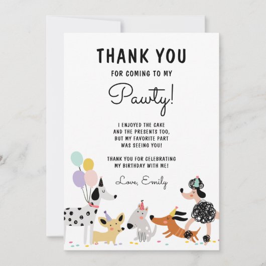 犬の誕生日パーティパピパウィティモダンガール サンキューカード (正面)