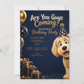 犬の誕生日パーティーに来る?面白いブルーデザイン 招待状 (正面)