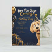 犬の誕生日パーティーに来る?面白いブルーデザイン 招待状 (スタンド正面)