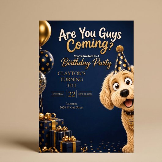 犬の誕生日パーティーに来る?面白いブルーデザイン 招待状