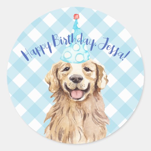 犬の誕生日パーティーステッパーソナライズされたクジンガム ラウンドシール (正面)