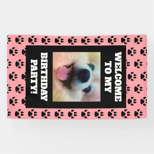 犬の誕生日パーティーピンクブラックポープリント写真 横断幕 (横)