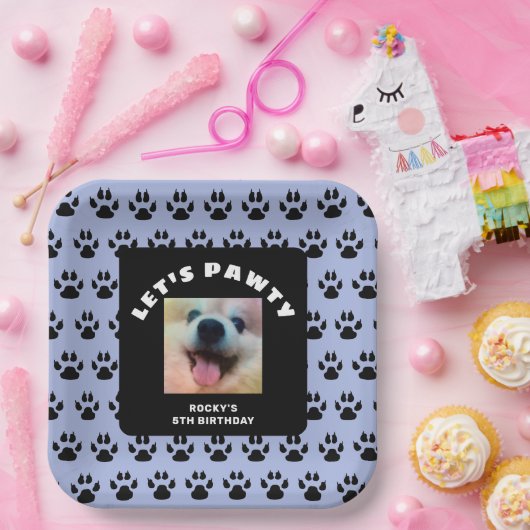 犬の誕生日パーティーブルーポープリントカスタム写真 ペーパープレート (パーティー)