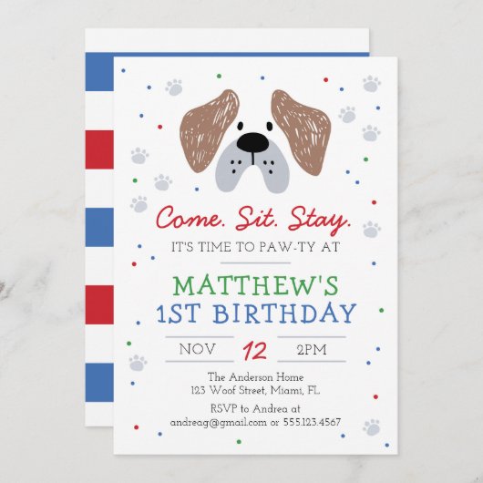 犬の誕生日パーティー、子犬のパーティー招待状 招待状 (正面/裏面)