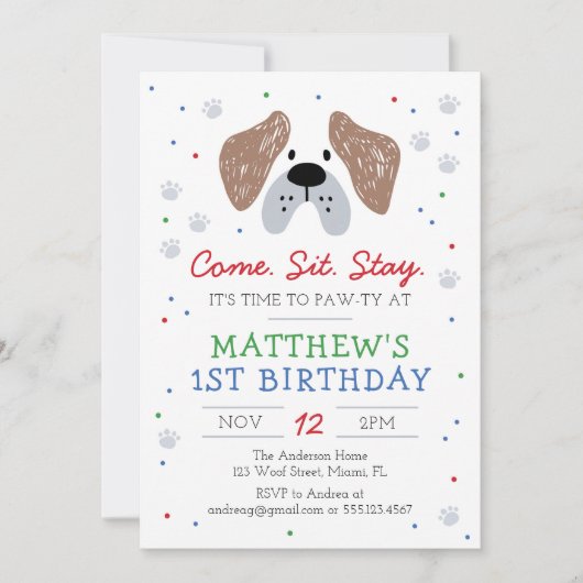 犬の誕生日パーティー、子犬のポーティ招待状 招待状 (正面)