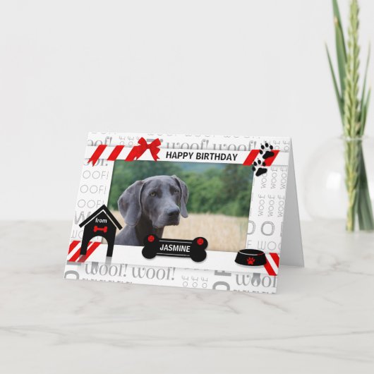 犬の誕生日レッドペットの写真と名前から カード (正面)