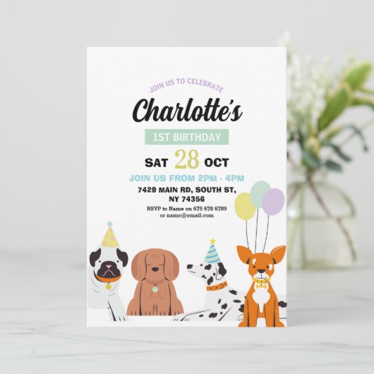 犬の誕生日招待状ガールボーイパーティーポーティおもしろい 招待状 (スタンド正面)