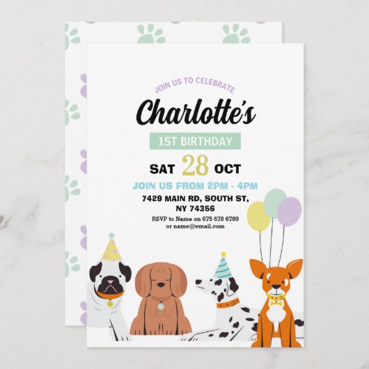 犬の誕生日招待状ガールボーイパーティーポーティおもしろい 招待状 (正面/裏面)