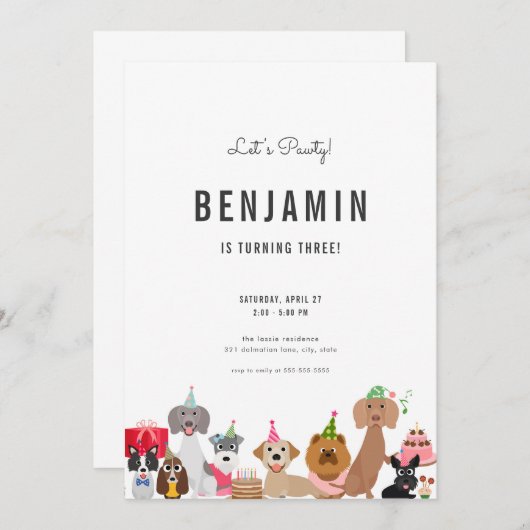 犬の誕生日招待状子犬パウィティ招待状 招待状 (正面/裏面)