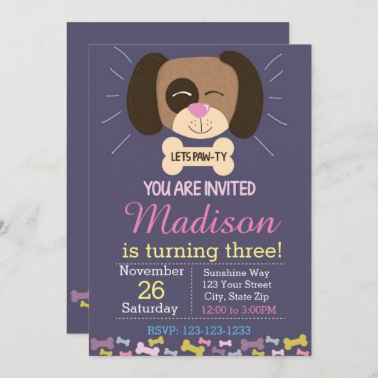 犬の誕生日招待状(紫) 招待状 (正面/裏面)