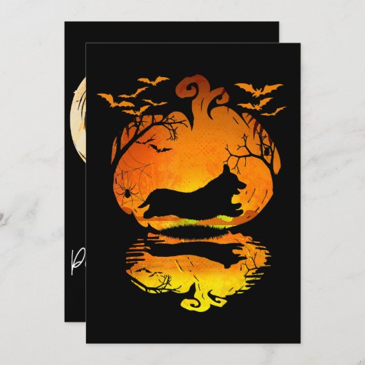 犬の贈り物 |コーギシルエットカボチャのハロウィーン 招待状 (正面/裏面)