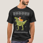 犬の贈り物 |コーギTレックス恐竜のクリスマス Tシャツ (正面)