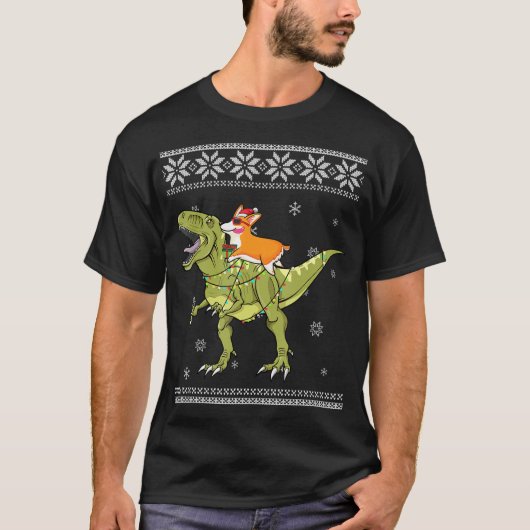 犬の贈り物 |コーギTレックス恐竜のクリスマス Tシャツ (正面)
