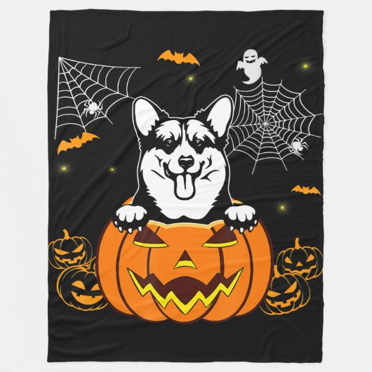 犬の贈り物 | Corgi Pumpkin面白いハロウィーンの衣装 フリースブランケット (正面)