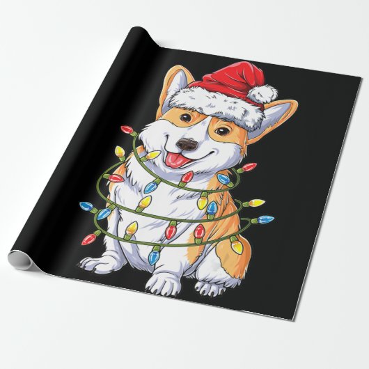 犬の贈り物 | Corgi Santa Christmas Tree Lightsクリスマス ラッピングペーパー (アンロールド)