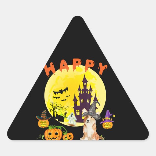 犬の贈り物 | Happy Corgiween Halloween Corgi 三角形シール (正面)