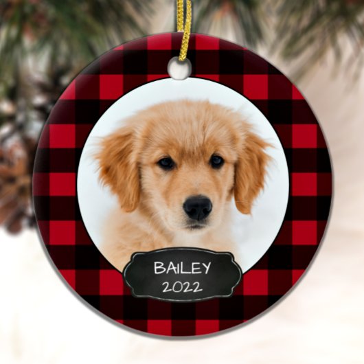 犬の赤い素朴格子模様のクリスマスパピーペットの写真 セラミックオーナメント