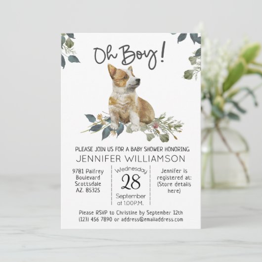 犬の赤ちゃんシャワーああ男の子！コーギパピー 招待状 (スタンド正面)