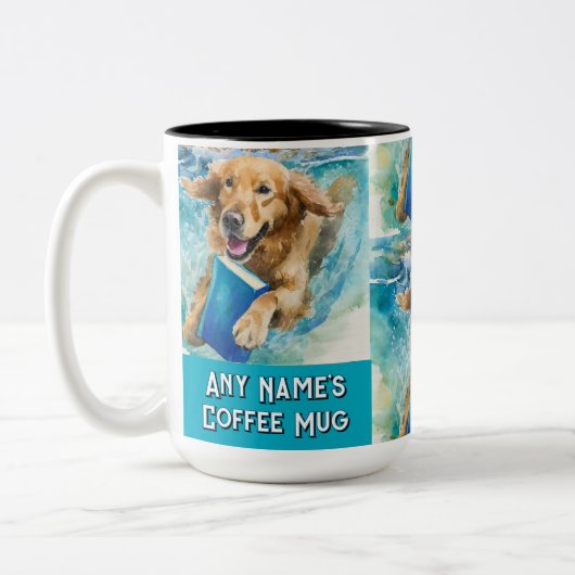 犬の走と大きな本2トーンのコーヒーマグ ツートーンマグカップ (左)