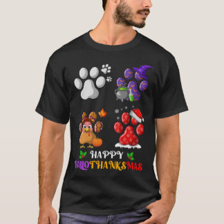 犬の足かわいいハッピーハロウィンクリスマス Tシャツ