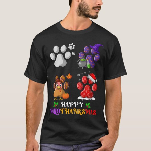 犬の足かわいいハッピーハロウィンクリスマス Tシャツ (正面)