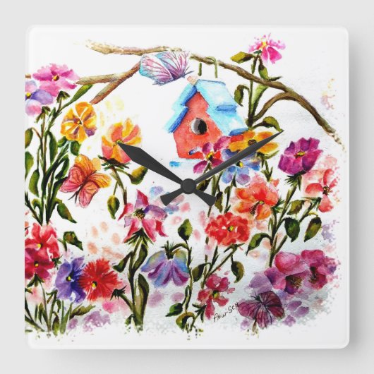 犬の足で鳥の家を印刷 スクエア壁時計 (正面)