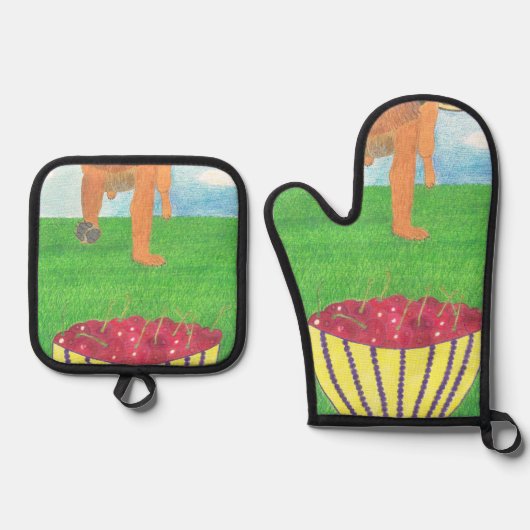 犬の足とさくらんぼ 鍋つかみ&鍋敷きセット (正面)