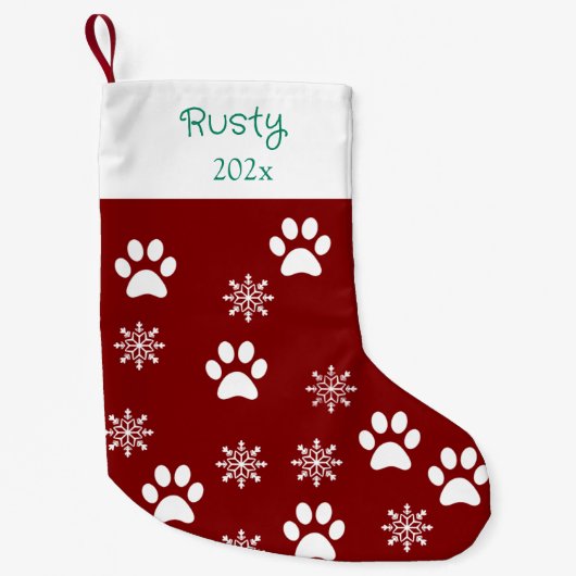 犬の足と雪のフレークのクリスマスモダンレッド スモールクリスマスストッキング (正面)