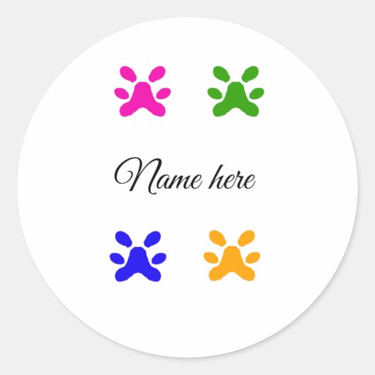犬の足のカラフルペット追加の名前文字動物の足 ラウンドシール (正面)