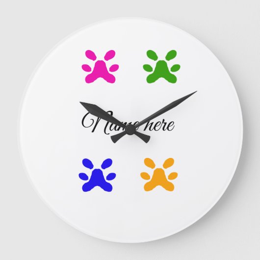 犬の足のカラフルペット追加の名前文字動物の足 ラージ壁時計 (正面)