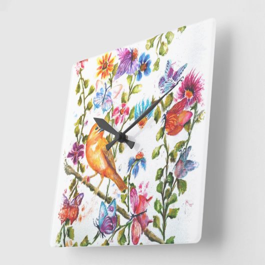 犬の足は黄色い鳥を印刷 スクエア壁時計 (傾斜)