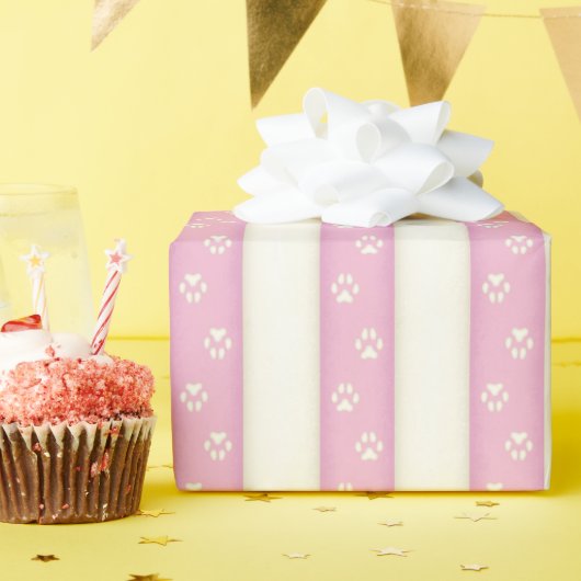 犬の足プリントピンク&アンティーク白い動物トラック ラッピングペーパー (誕生日パーティー)