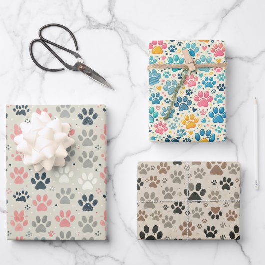 犬の足プリントラッピング紙フラットシートセット3 ラッピングペーパーシート (正面)